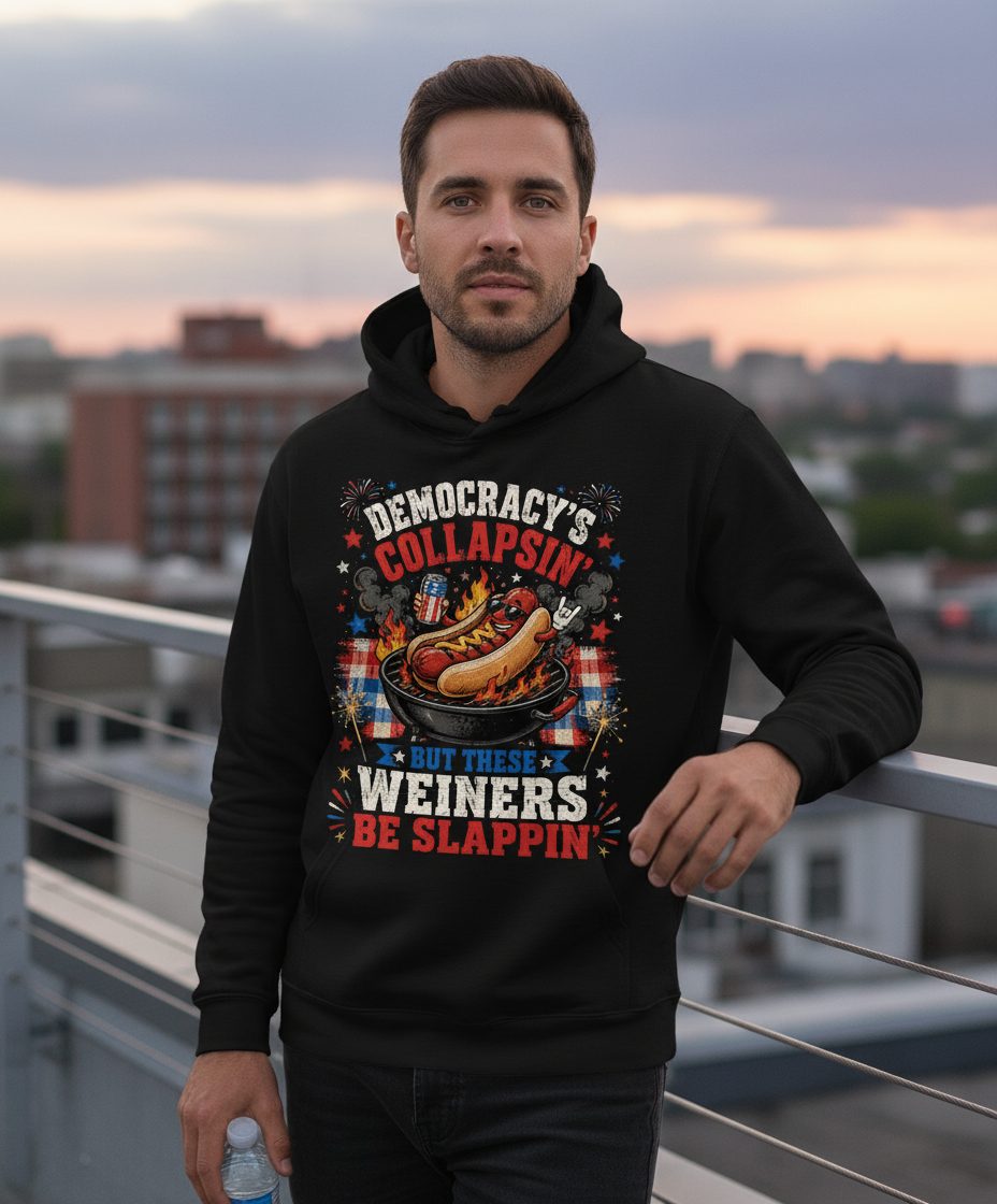 Democracy's Collapsin' but These Weiners Be Slappin' Funny 4th Hoodie - lifestyle model mockup - Black