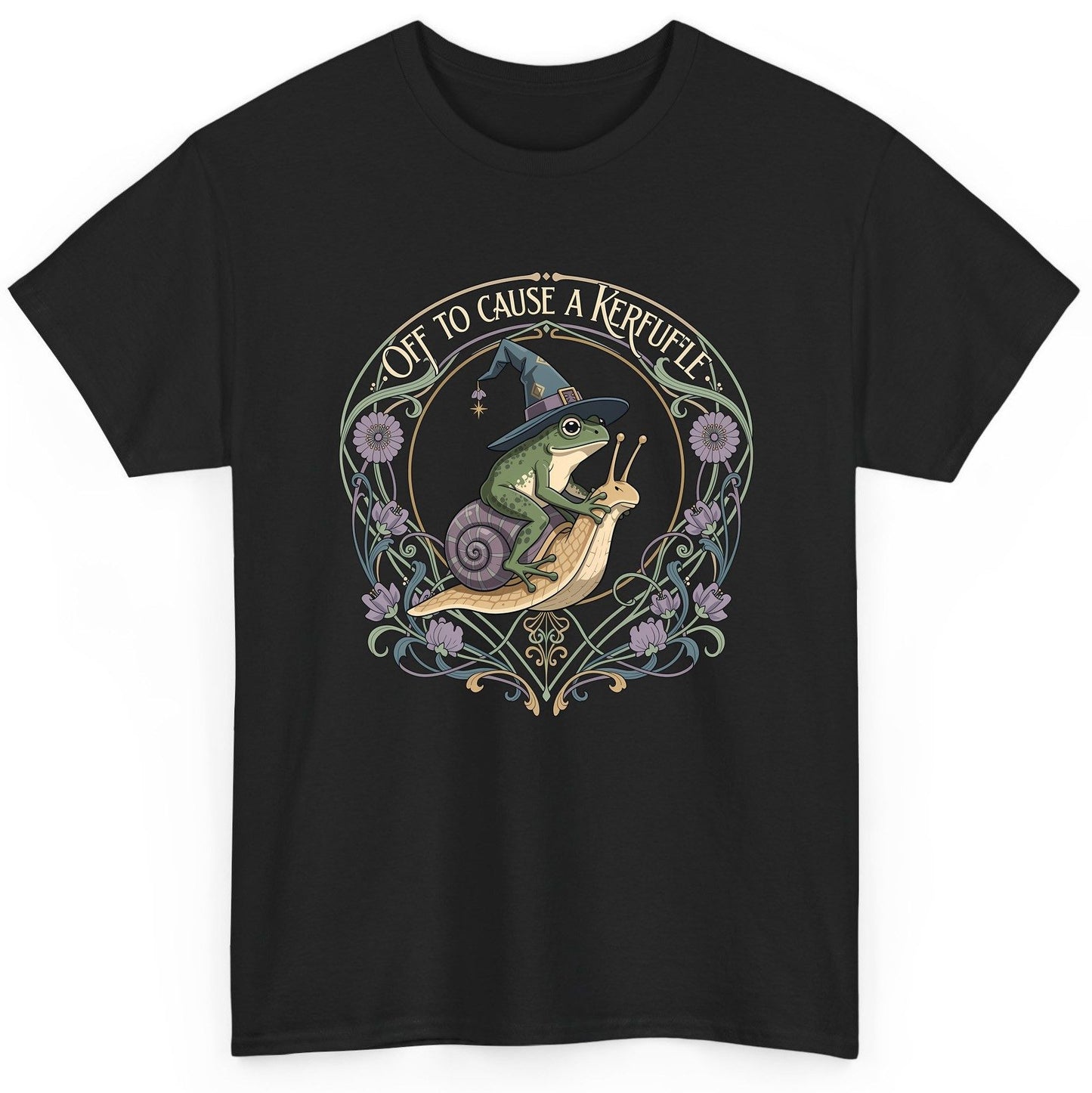 Off to Cause a Kerfuffle frog riding a snail T-Shirt Black product mockup