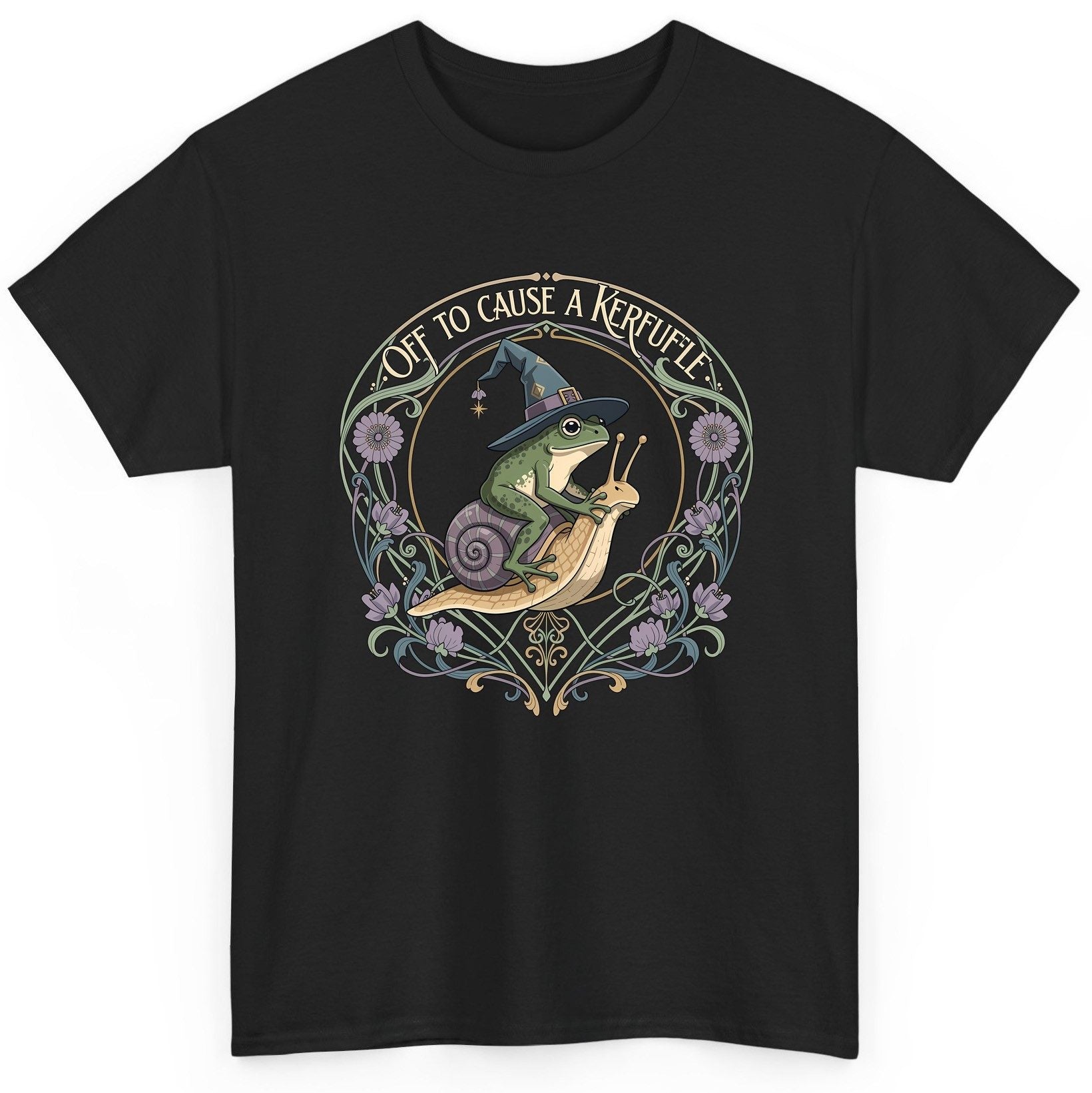 Off to Cause a Kerfuffle frog riding a snail T-Shirt Black product mockup