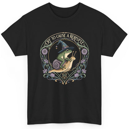 Off to Cause a Kerfuffle frog riding a snail T-Shirt Black product mockup