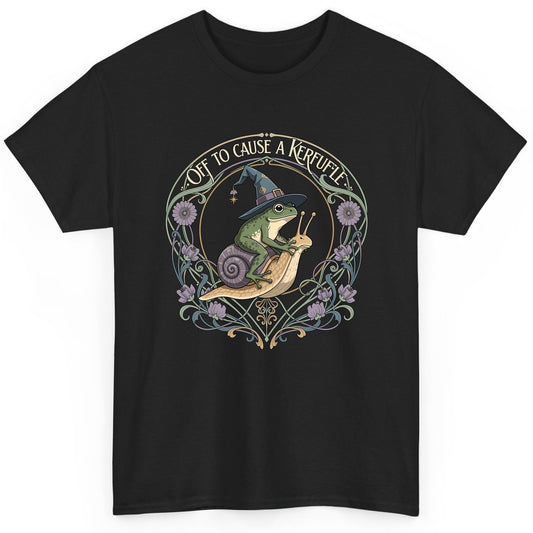Off to Cause a Kerfuffle frog riding a snail T-Shirt Black product mockup