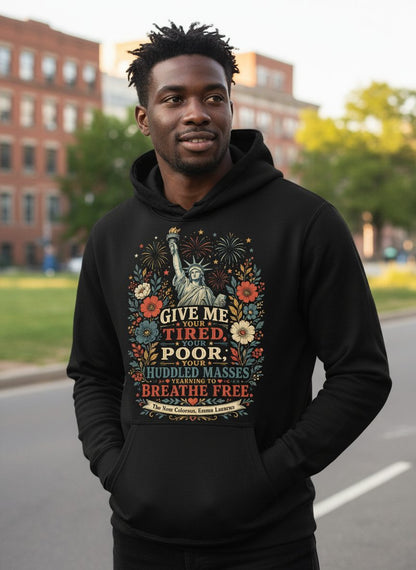 Breathe Free Patriotic Statue of Liberty Vintage Americans Hoodie - lifestyle model mockup - Black