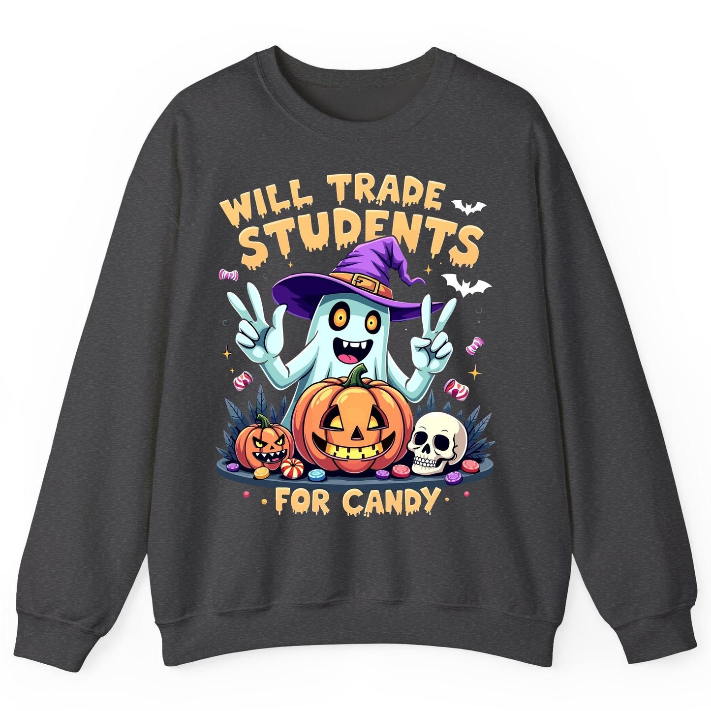 Will Trade Students for Candy teacher humor Sweatshirt Dark Heather product mockup