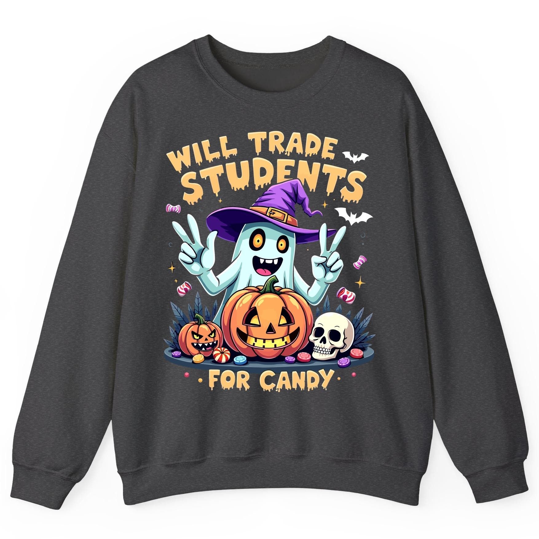 Will Trade Students for Candy teacher humor Sweatshirt Dark Heather product mockup