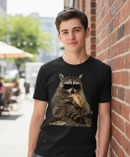 Raccoon Eating Taco Funny Animal Lovers Youth T-Shirt - lifestyle model mockup - Black