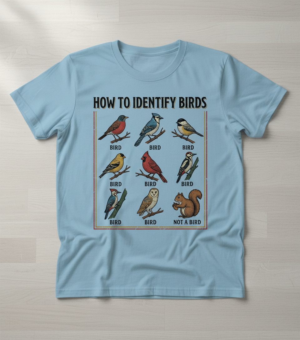 How to Identify Birds Funny Birdwatching T-Shirt - product mockup - Light Blue