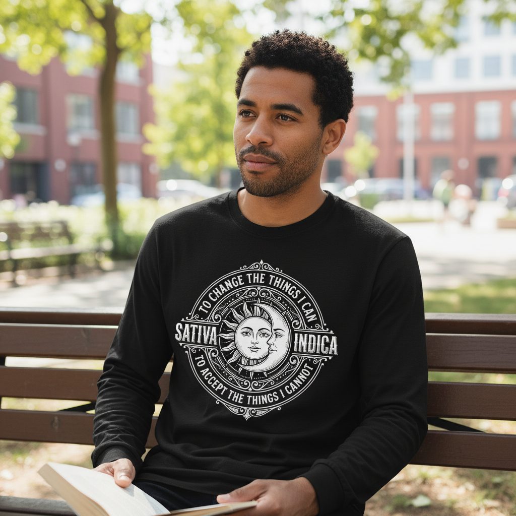 Sativa to Change the Things I Can Indica to Accept Long Sleeve Tee - lifestyle model mockup - Black