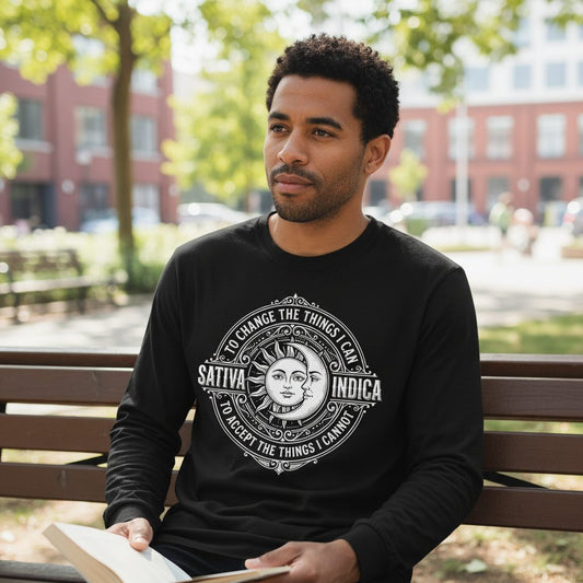 Sativa to Change the Things I Can Indica to Accept Long Sleeve Tee - lifestyle model mockup - Black