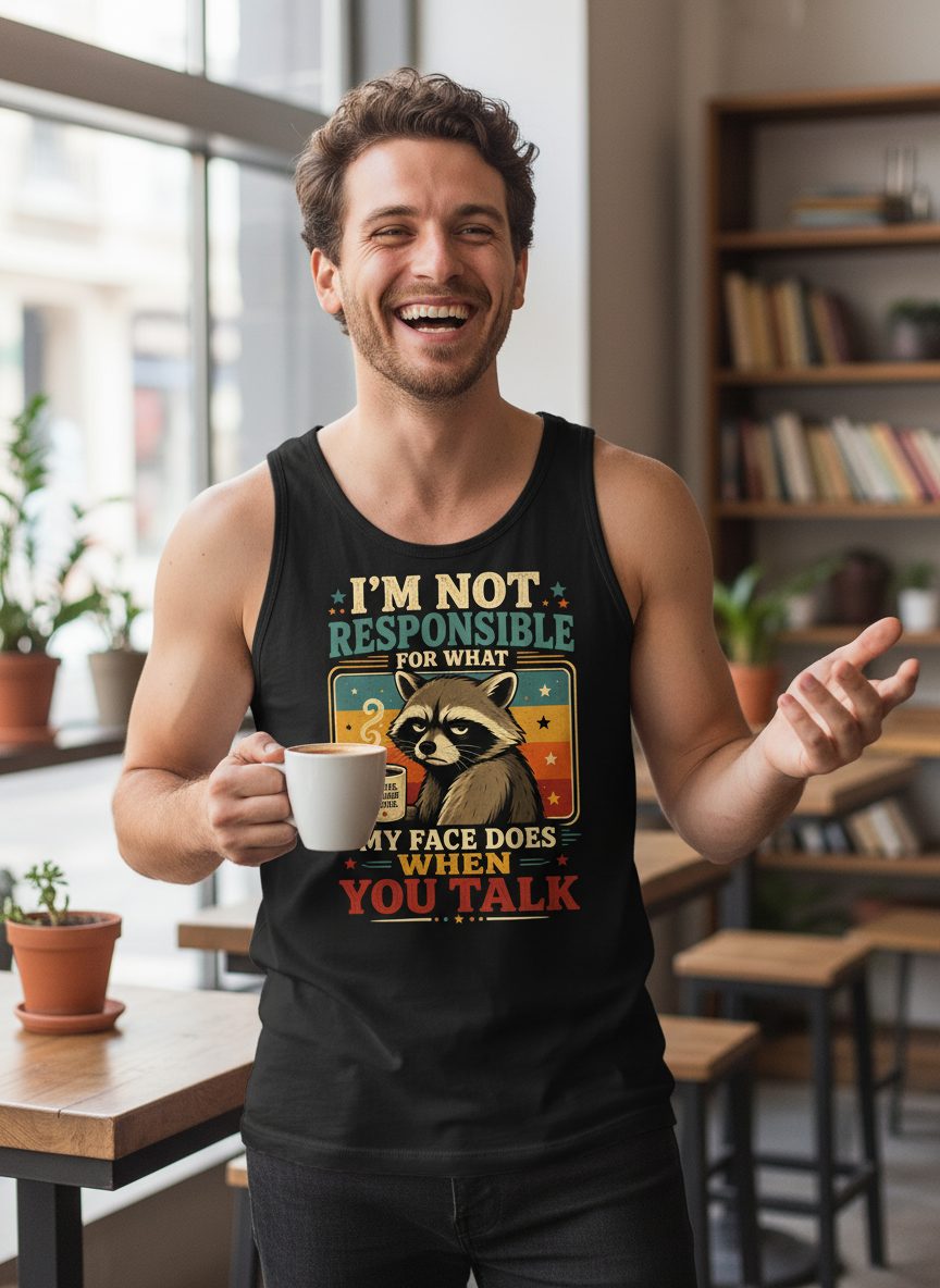 I'm Not Responsible for What My Face Does When You Talk Funny Sarcastic Raccoon Tank Top - lifestyle model mockup - Black