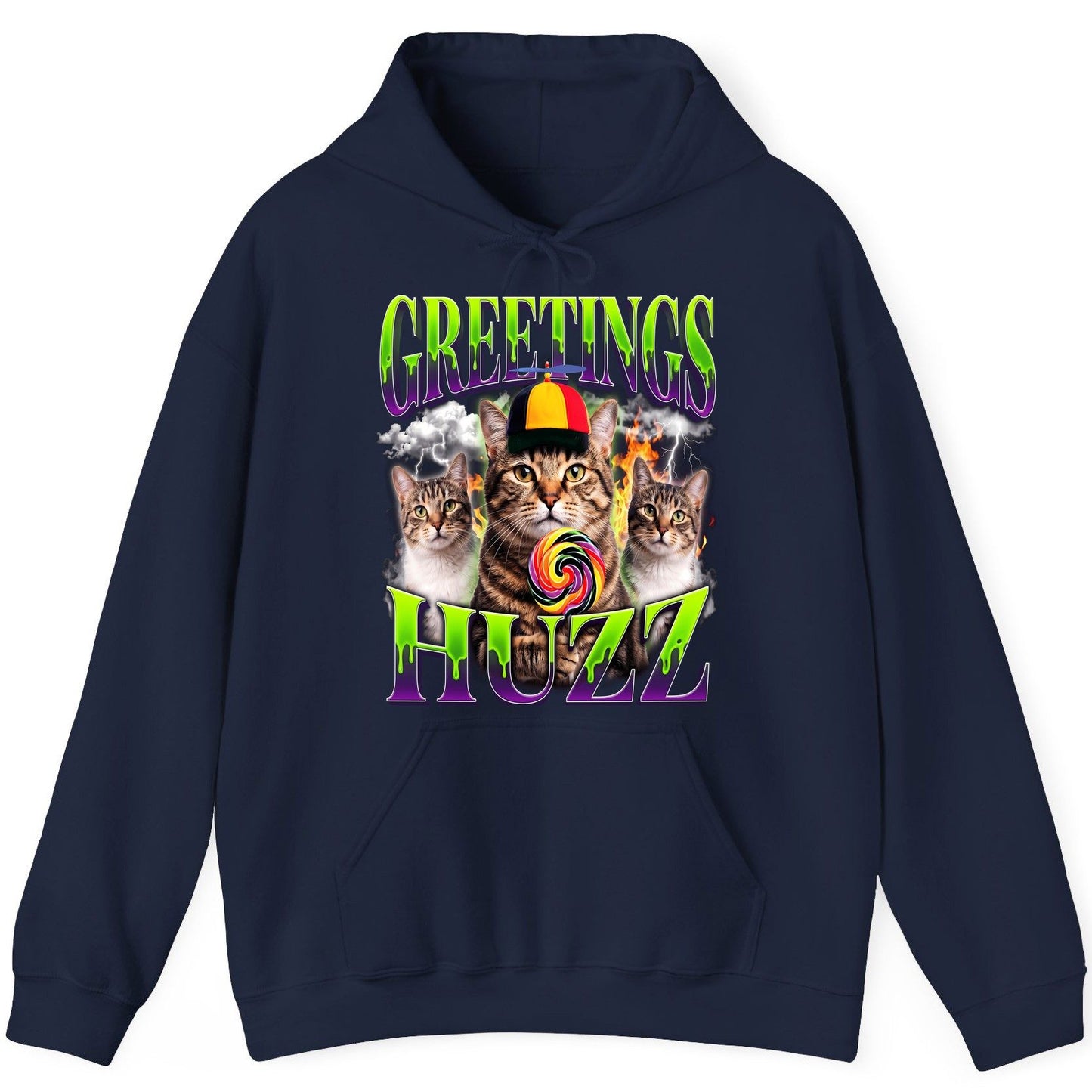 Greetings HUZZ Funny Cat Hoodie - product mockup - Navy