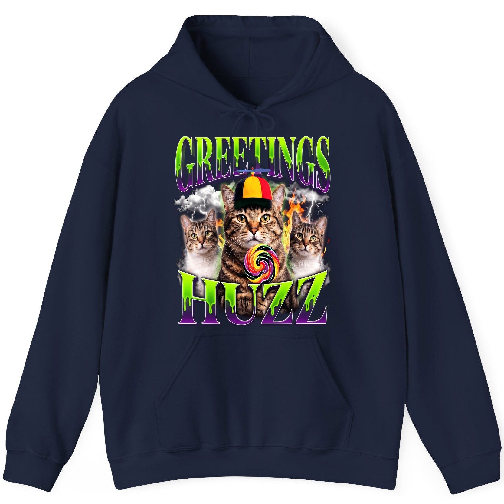 Greetings HUZZ Funny Cat Hoodie - product mockup - Navy