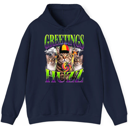 Greetings HUZZ Funny Cat Hoodie - product mockup - Navy