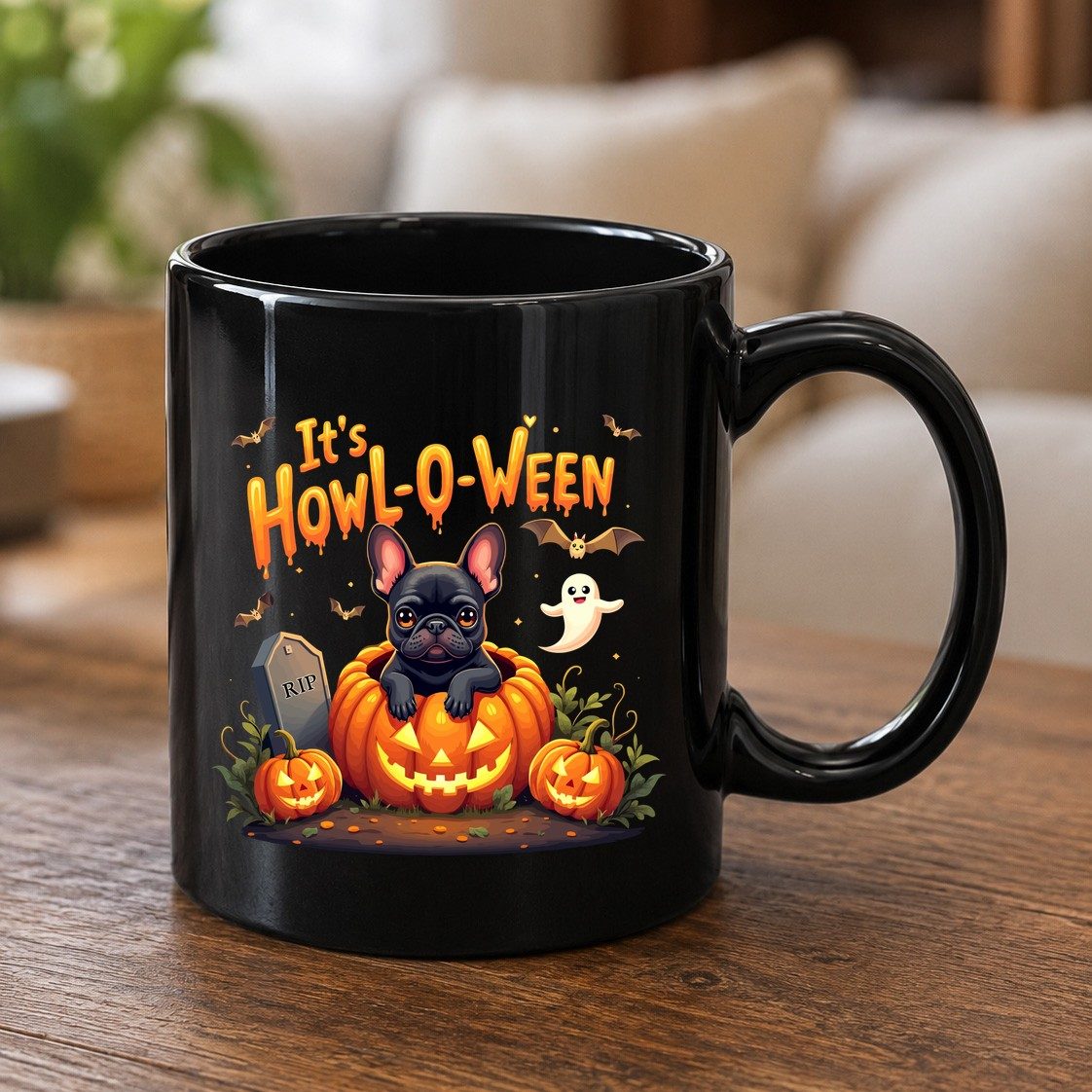 It's Howl-O-Ween french bulldog Black Mug Black product mockup