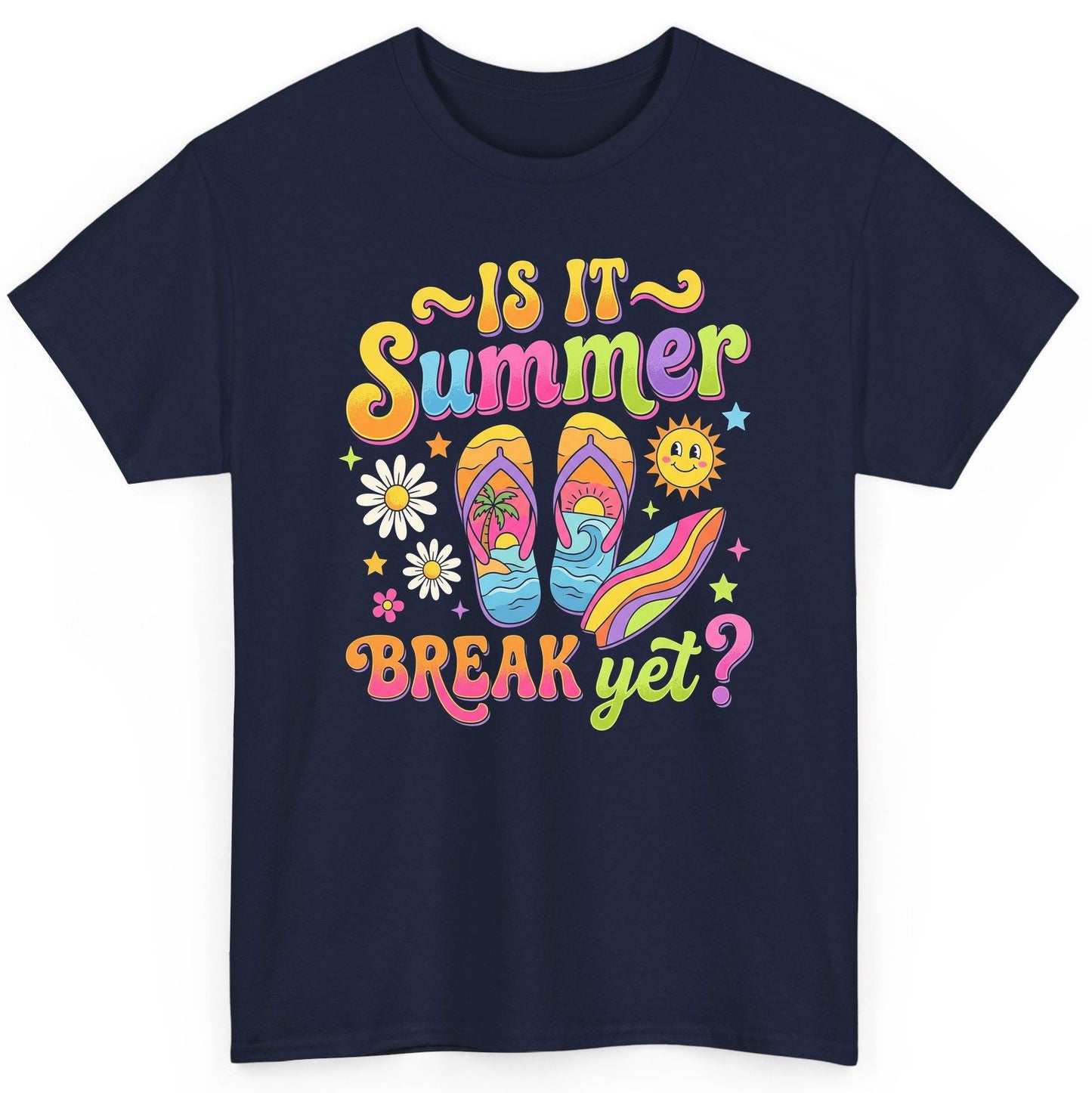Is It Summer Break Yet Retro Vacation T-Shirt - product mockup - Navy