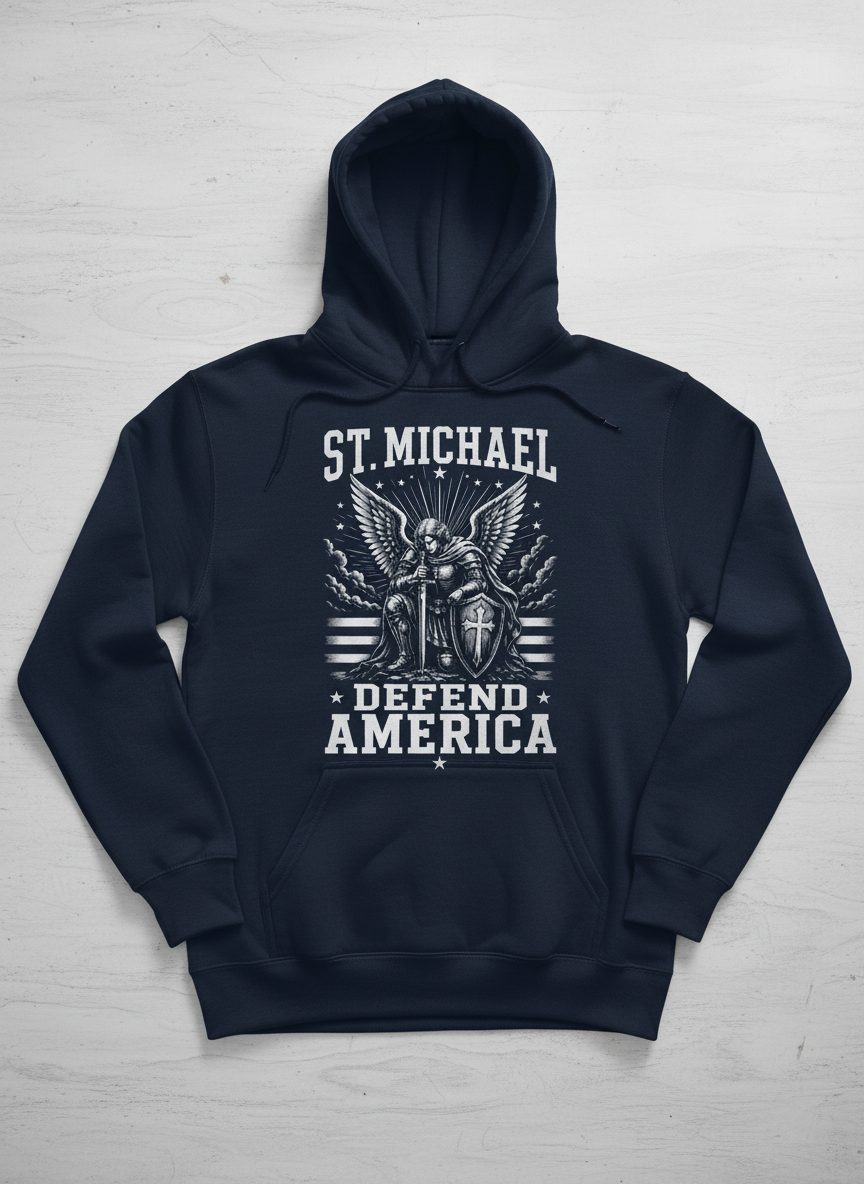 St Michael Defend America Patriotic Christian Hoodie - product mockup - Navy