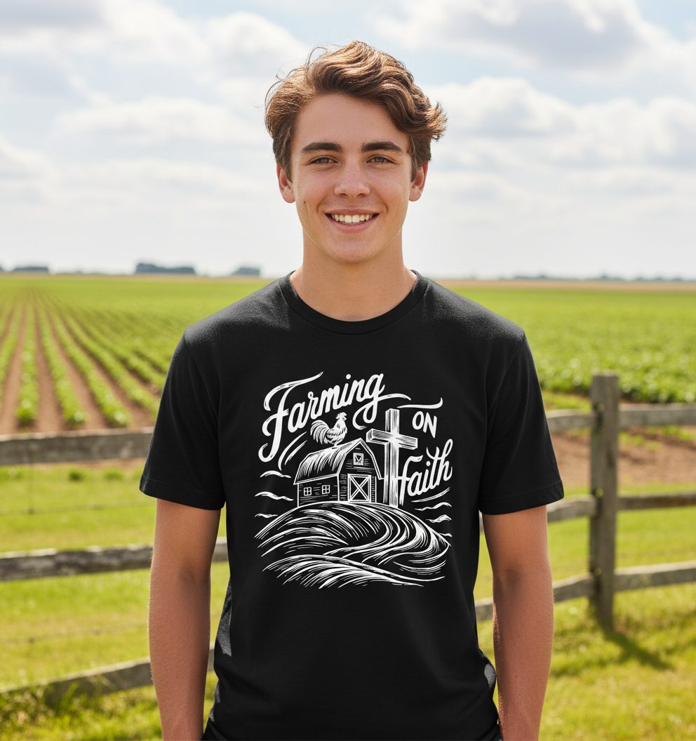 Farming on Faith christian farming Youth T-Shirt Black lifestyle mockup