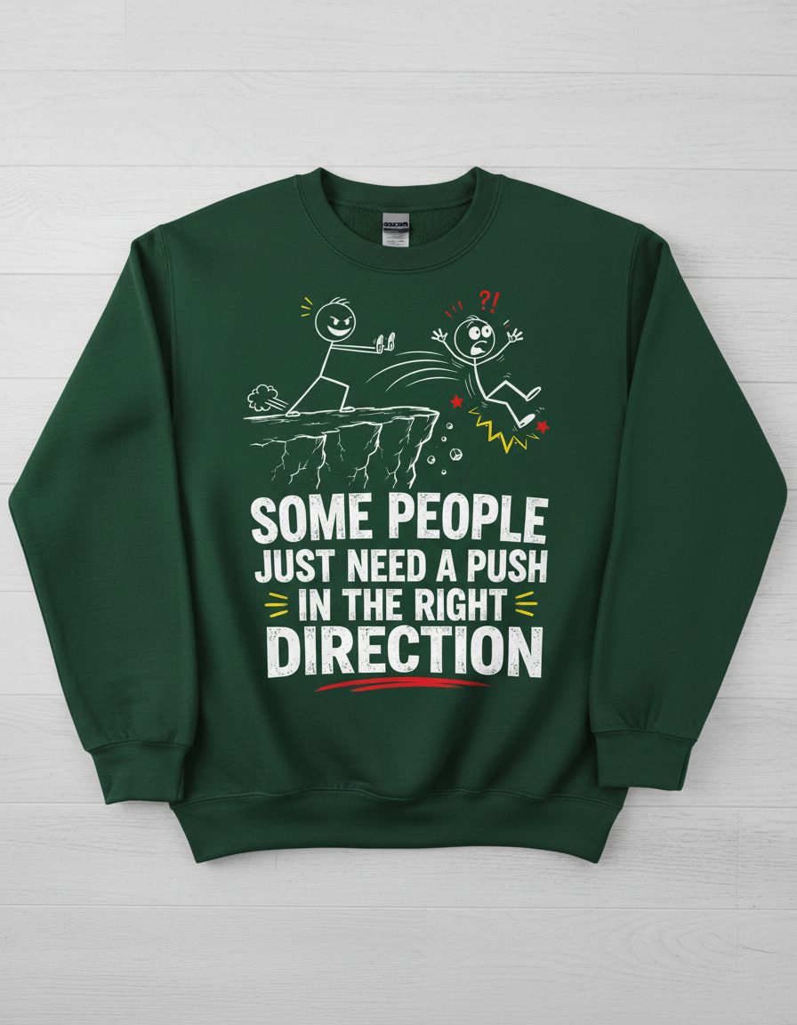 Some People Just Need a Push in the Right Direction Funny Sarcastic Humor Sweatshirt - product mockup - Forest Green
