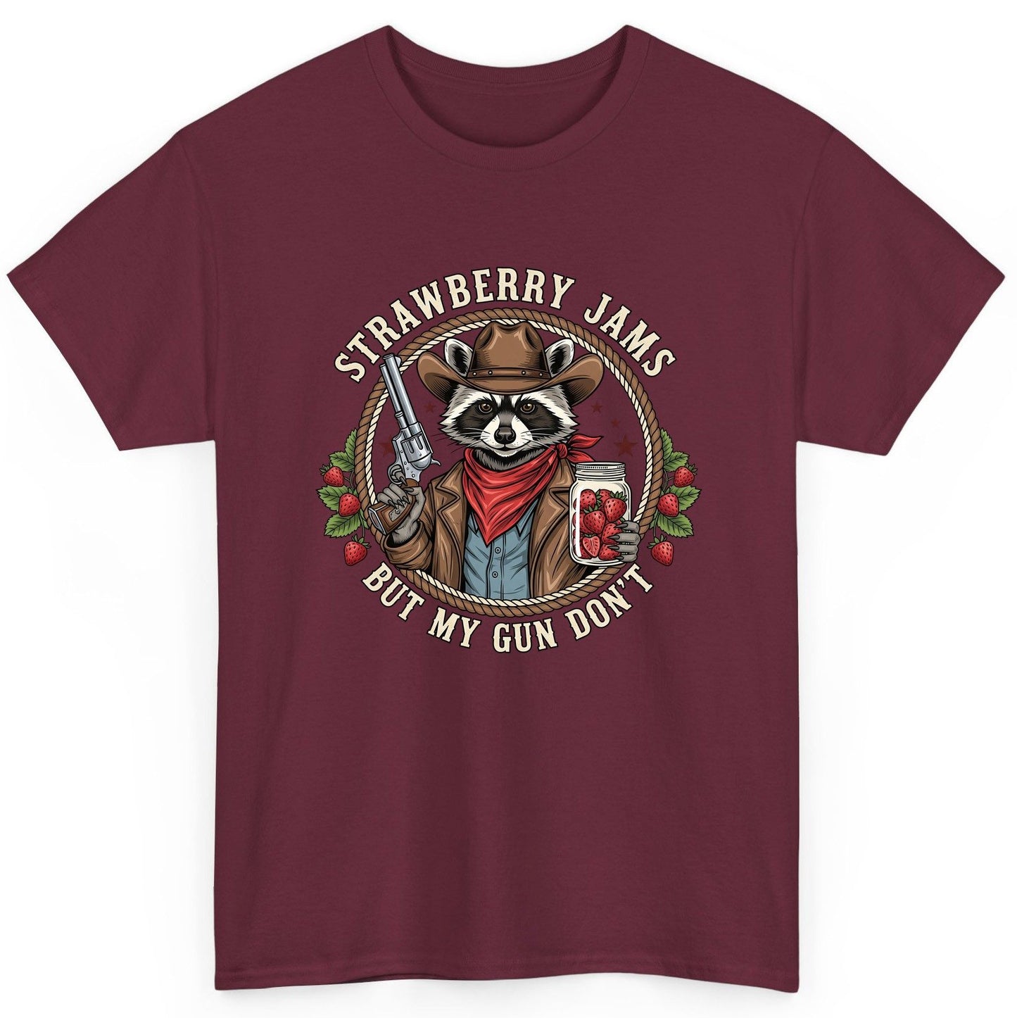 Strawberry Jams but My Gun Don't cowboy raccoon T-Shirt Maroon product mockup