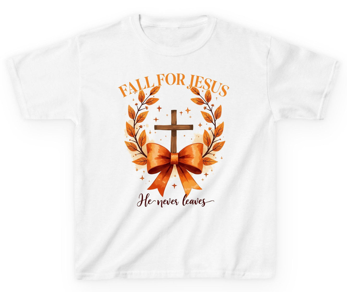 Fall for Jesus He Never Leaves christian faith Youth T-Shirt White product mockup