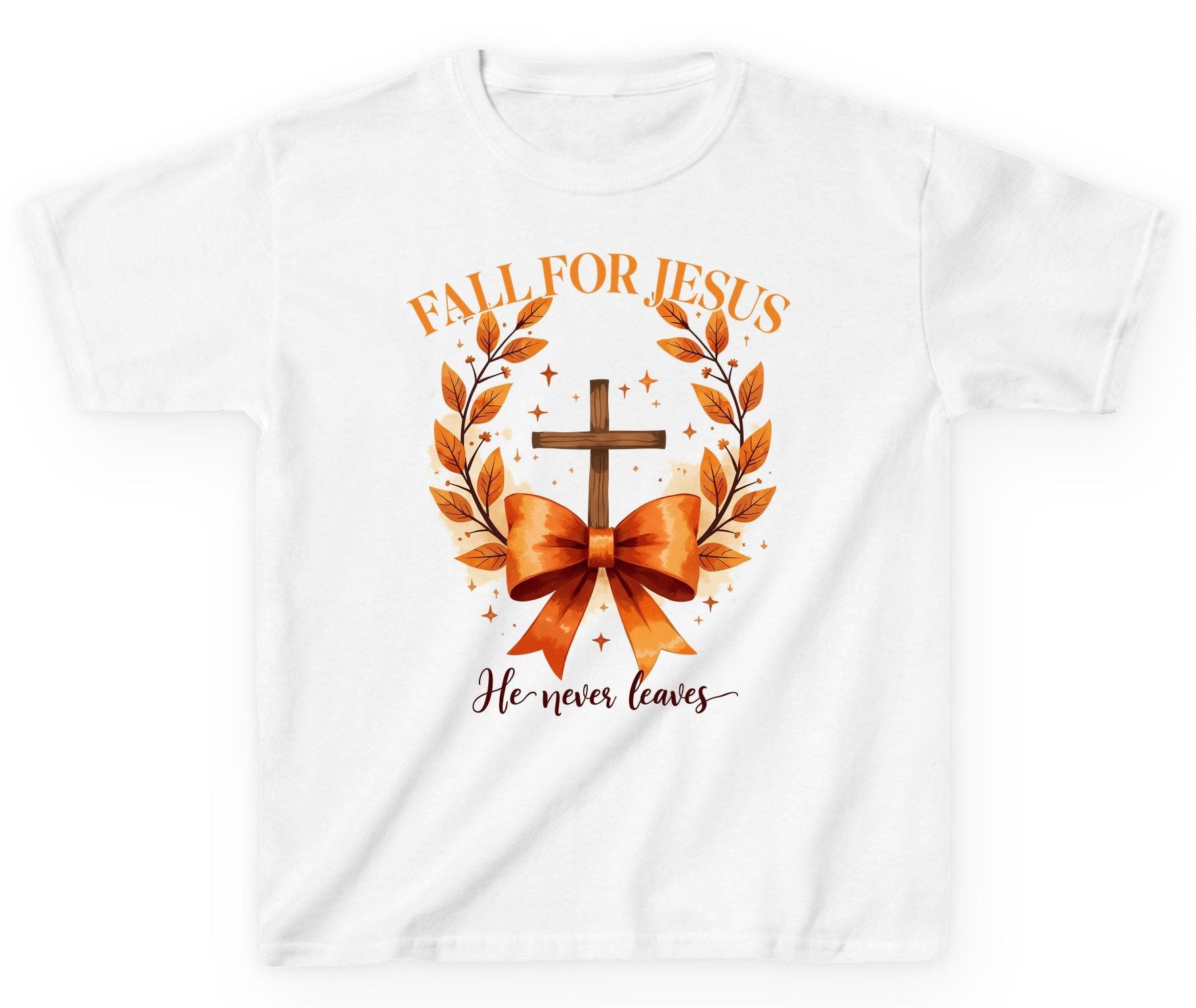 Fall for Jesus He Never Leaves christian faith Youth T-Shirt White product mockup