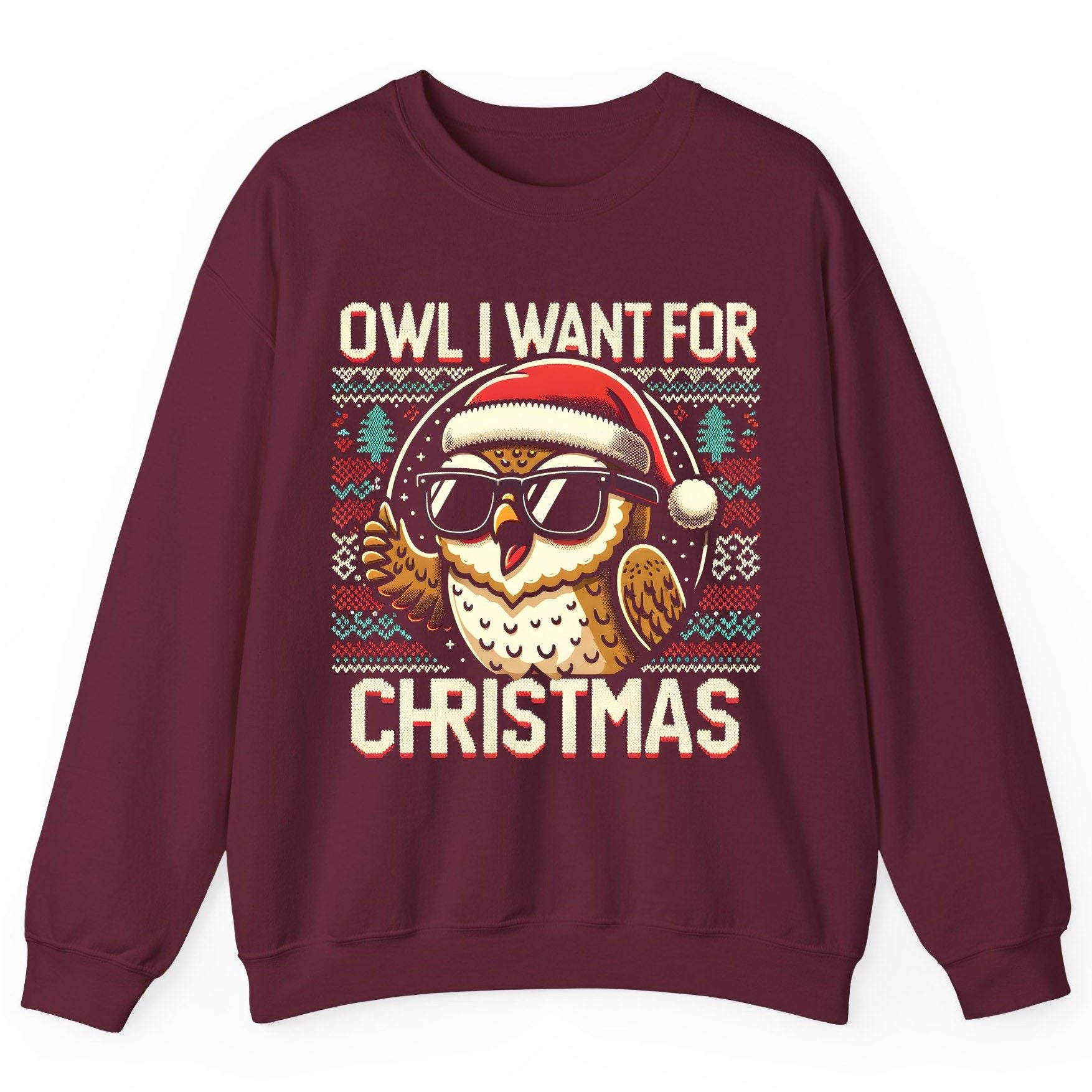 Owl I Want for Christmas Christmas owl Sweatshirt Maroon product mockup