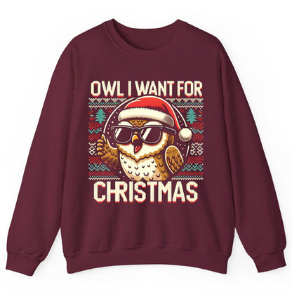Owl I Want for Christmas Christmas owl Sweatshirt Maroon product mockup