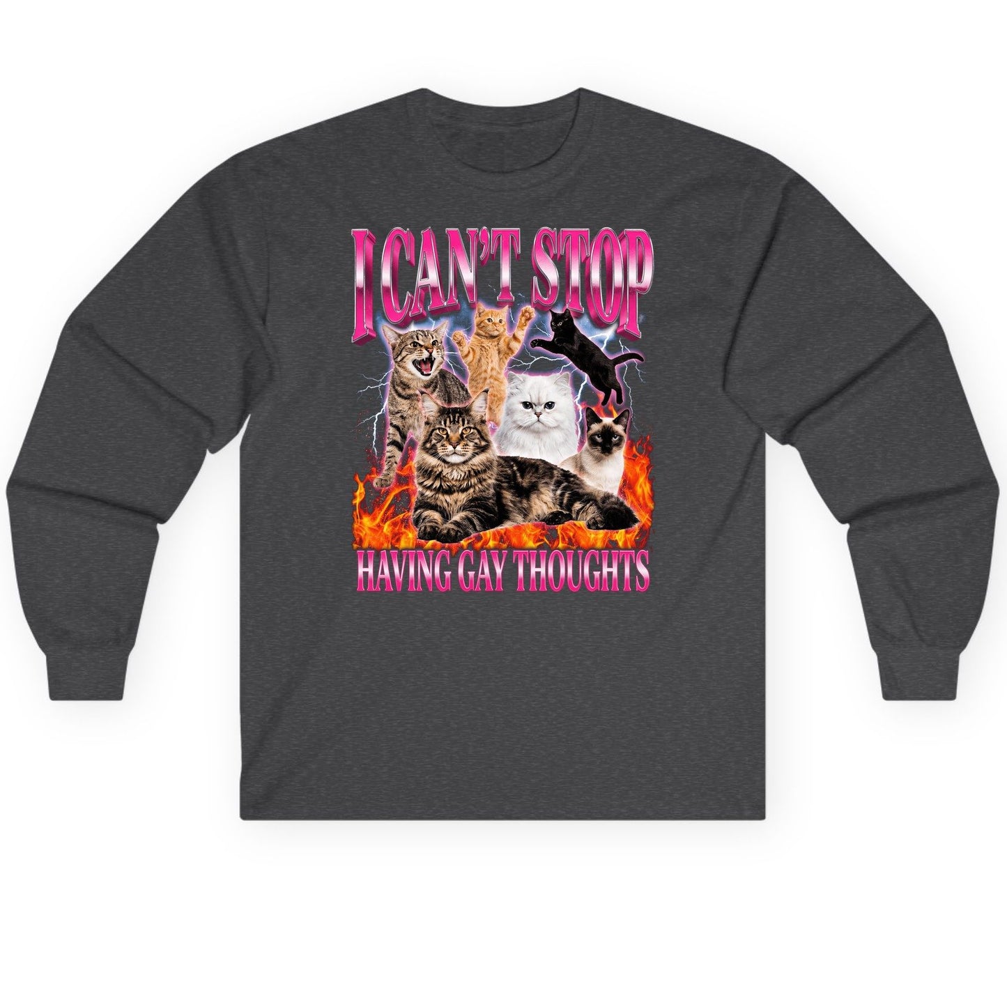 I Can't Stop Having Gay Thoughts cats Long Sleeve Tee Dark Heather product mockup