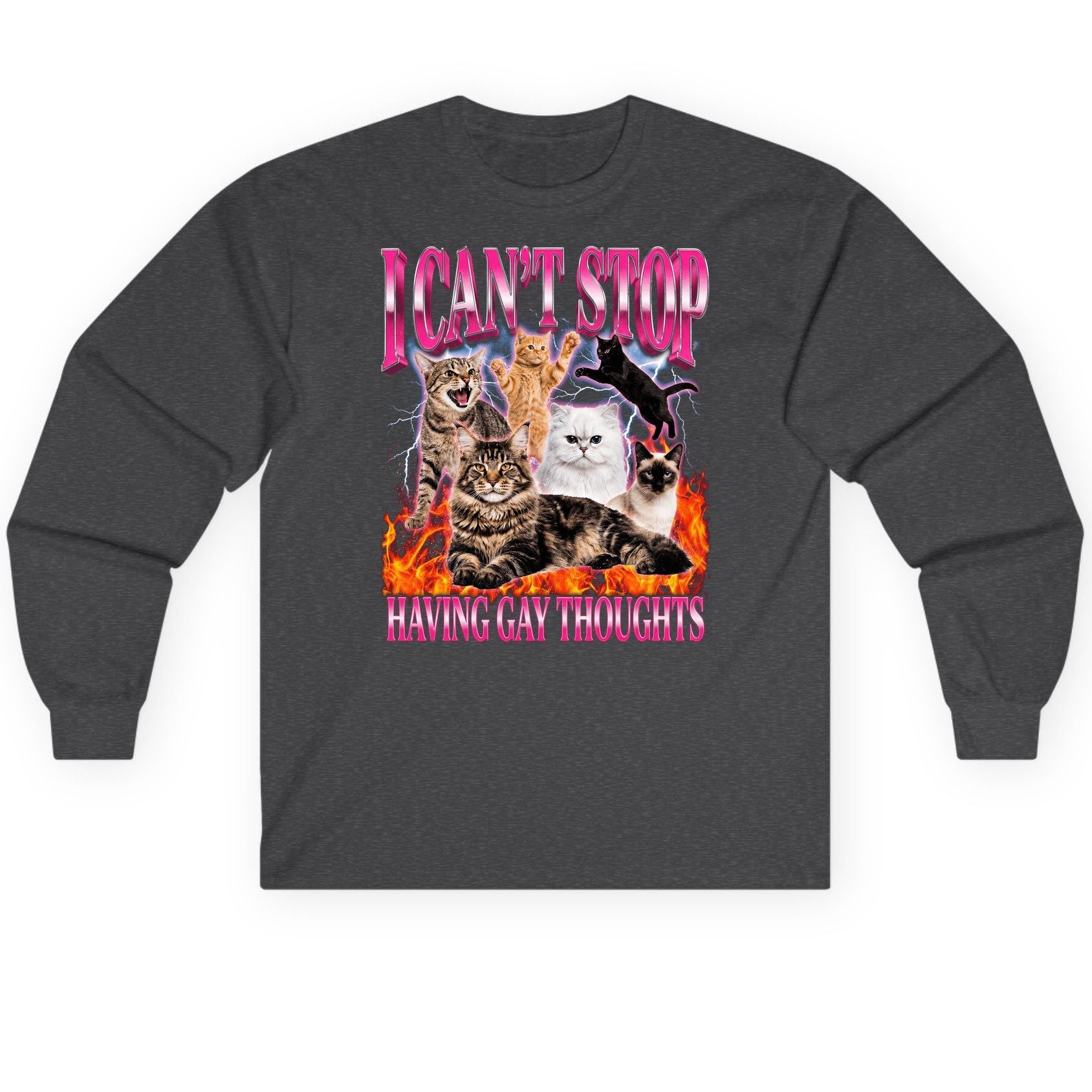 I Can't Stop Having Gay Thoughts cats Long Sleeve Tee Dark Heather product mockup