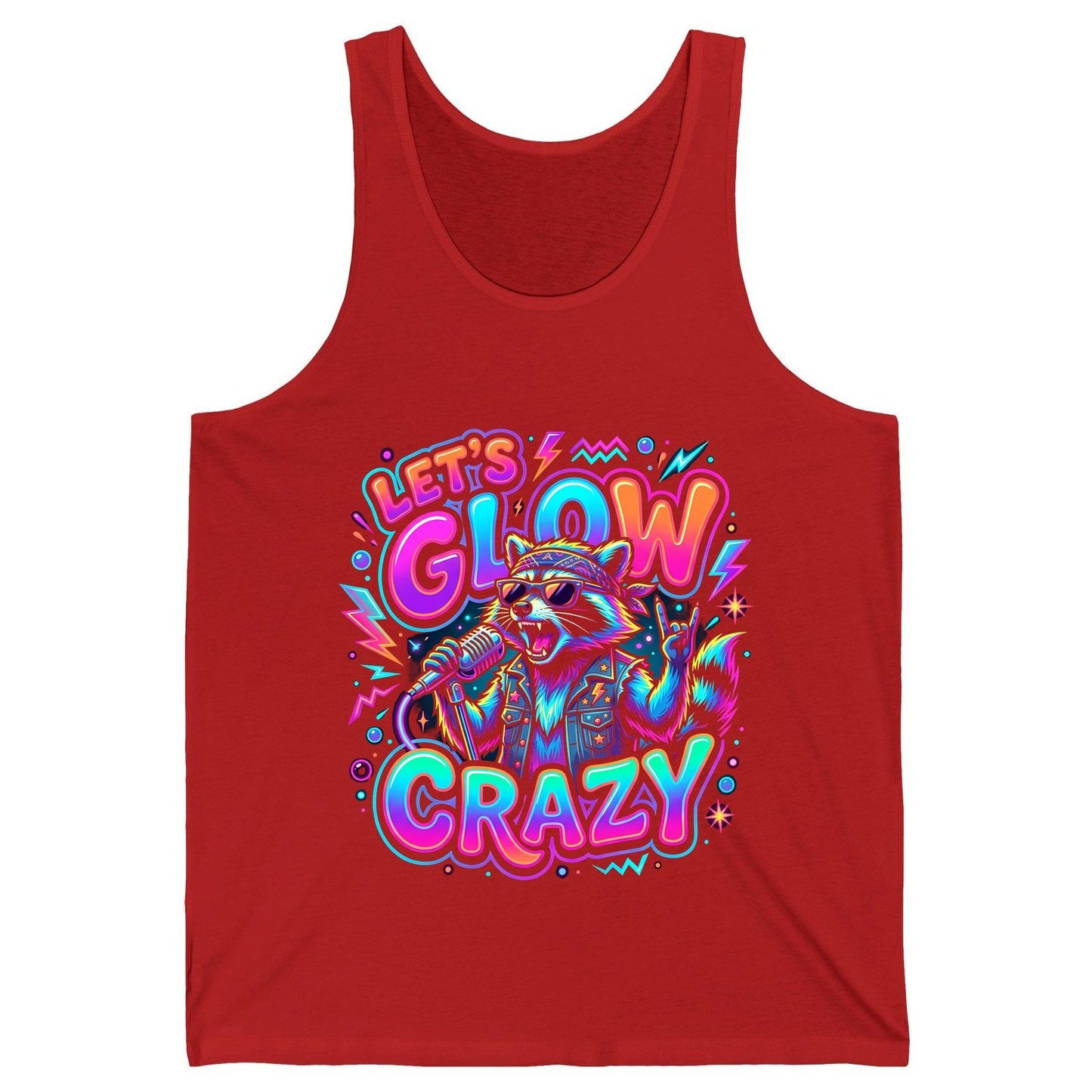 Let's Glow Crazy Funny Rockstar Raccoon Tank Top - product mockup - Red