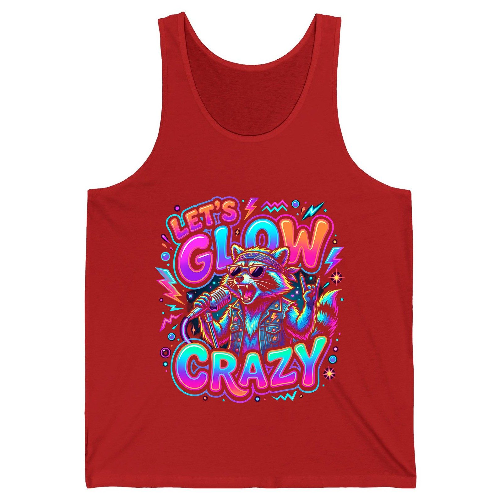 Let's Glow Crazy Funny Rockstar Raccoon Tank Top - product mockup - Red