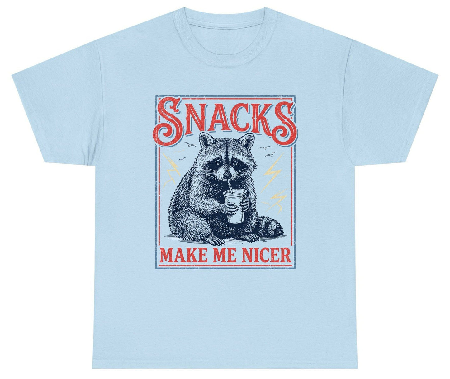 SNACKS MAKE ME NICER Funny Raccoon Youth T-Shirt - product mockup - Light Blue