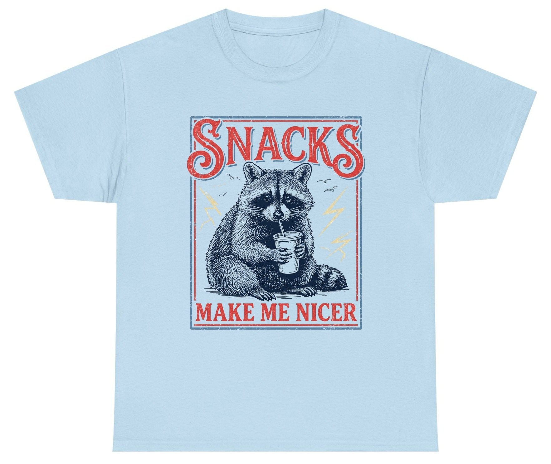 SNACKS MAKE ME NICER Funny Raccoon Youth T-Shirt - product mockup - Light Blue