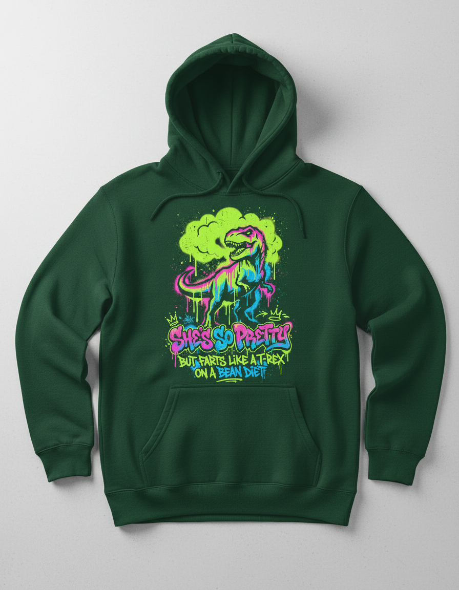 Funny T-Rex Graffiti Art 'She's So Pretty' Hoodie - Forest Green