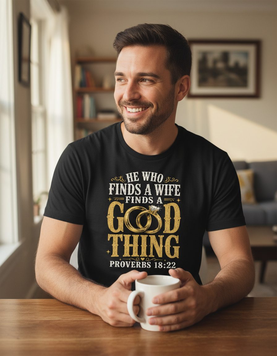 He Who Finds a Wife Finds a Good Thing Proverbs 18 22 T-Shirt - lifestyle model mockup - Black