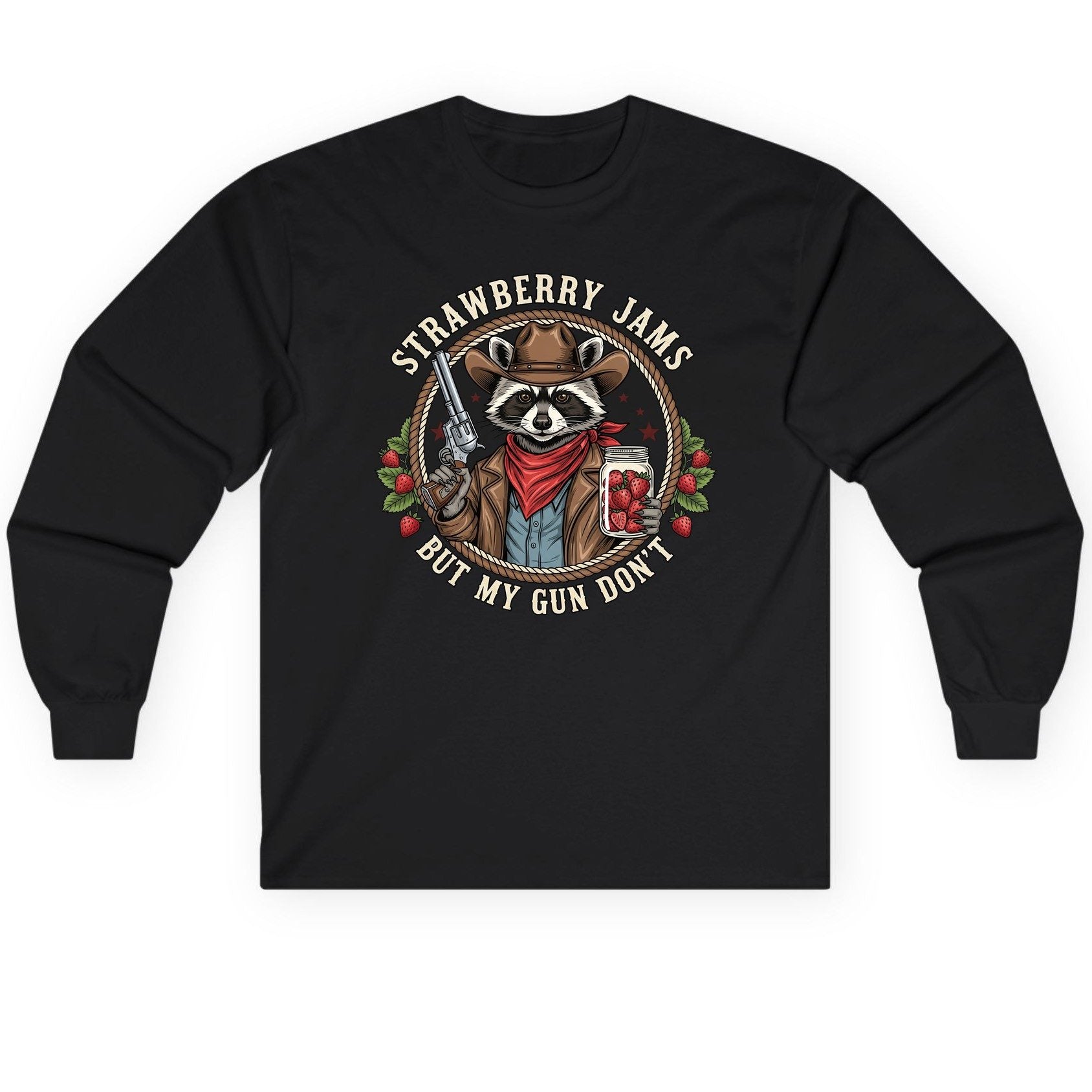 Strawberry Jams but My Gun Don't cowboy raccoon Long Sleeve Tee Black product mockup