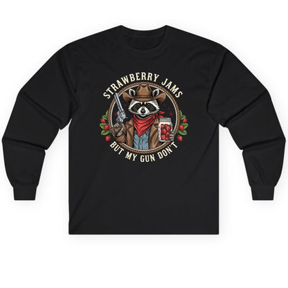 Strawberry Jams but My Gun Don't cowboy raccoon Long Sleeve Tee Black product mockup