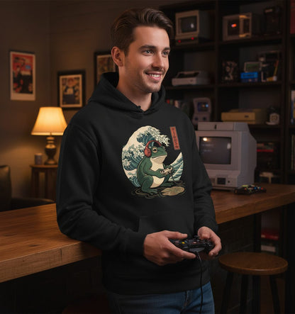 ゲームカエル gamer frog Hoodie Black lifestyle mockup