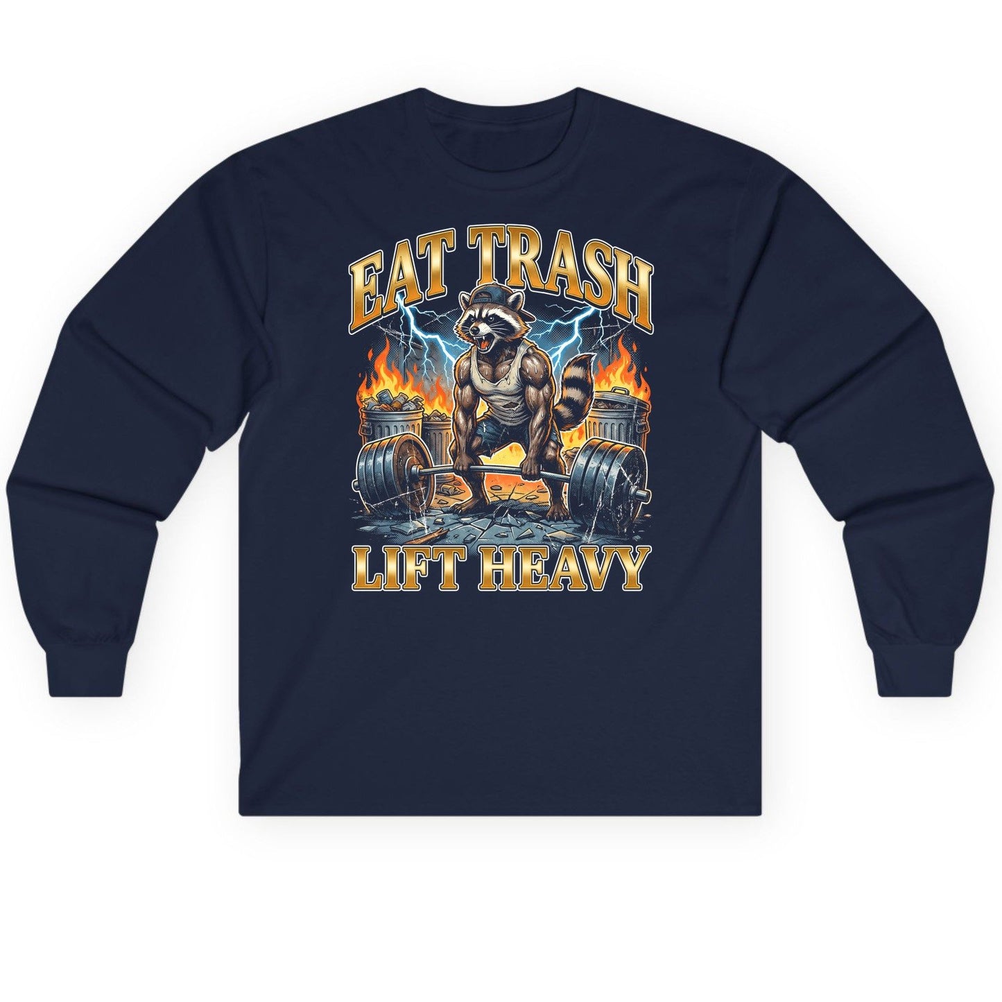 Eat Trash Lift Heavy raccoon Long Sleeve Tee Navy product mockup