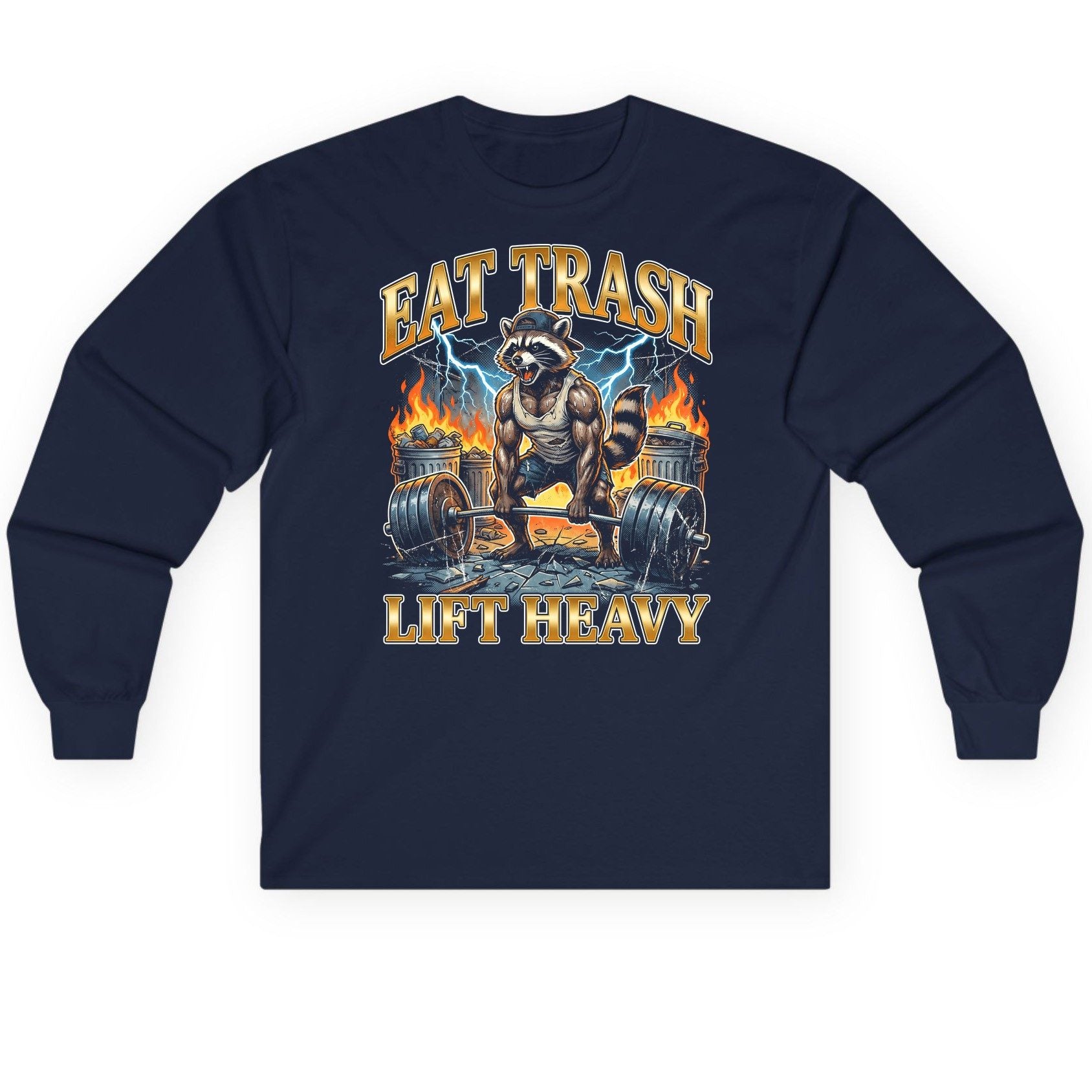 Eat Trash Lift Heavy raccoon Long Sleeve Tee Navy product mockup