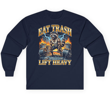 Eat Trash Lift Heavy raccoon Long Sleeve Tee Navy product mockup