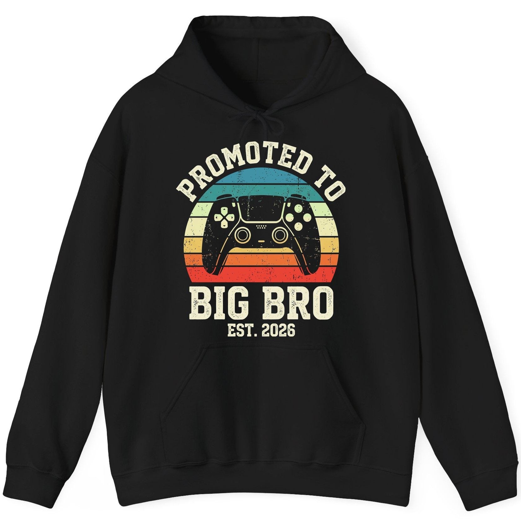 Promoted TO BIG BRO EST 2026 Retro Gaming Hoodie - product mockup - Black