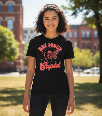Not Today Cupid skeletal cupid Youth T-Shirt Black lifestyle mockup