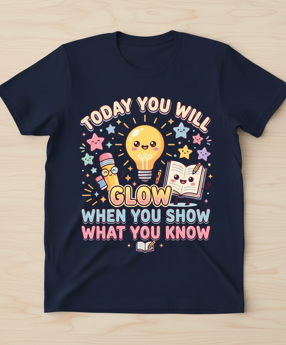 Kawaii School Characters 'Today You Will Glow' Motivational Design T-Shirt - Navy