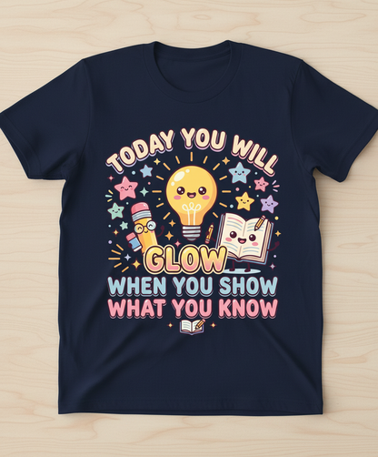 Kawaii School Characters 'Today You Will Glow' Motivational Design T-Shirt - Navy