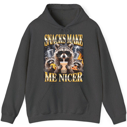 SNACKS MAKE ME NICER Funny Raccoon Hoodie - product mockup - Dark Heather