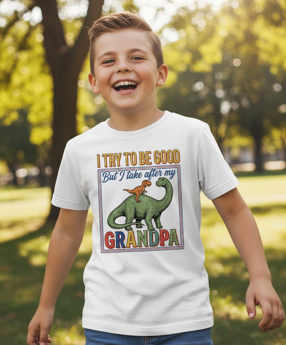 I TRY TO BE GOOD but I Take After My Grandpa Youth T-Shirt - lifestyle model mockup - White
