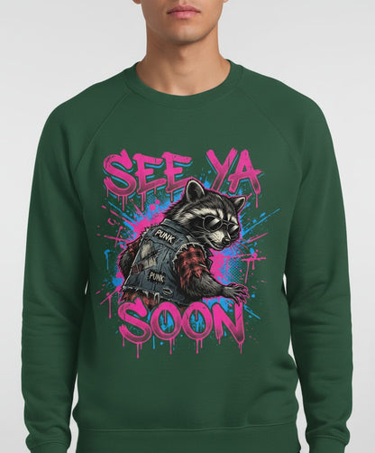 See Ya Soon Raccoon Sweatshirt - product mockup - Forest Green