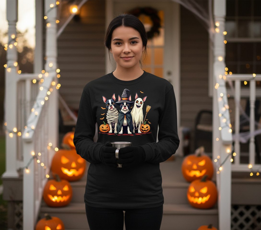 Halloween Boston Terrier Trio boston terrier Long Sleeve Tee Black lifestyle mockup