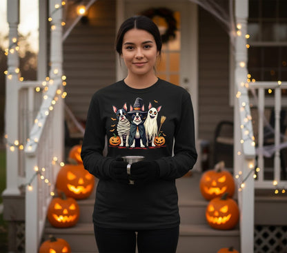 Halloween Boston Terrier Trio boston terrier Long Sleeve Tee Black lifestyle mockup