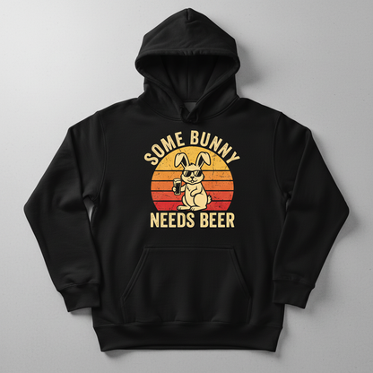 Some Bunny Needs Beer Funny Retro Design Hoodie - Black